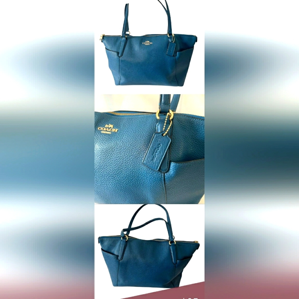 COACH Designer Ava Pebbled Leather Blue Tote Bag Purse
